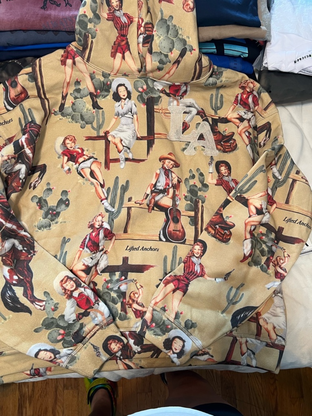 Fred Anchor Vintage Pinup Pullover Hoodie in Tan with Red Accents